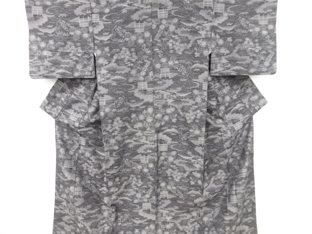 アンティーク　家屋に草花模様織り出し　十日町紬着物